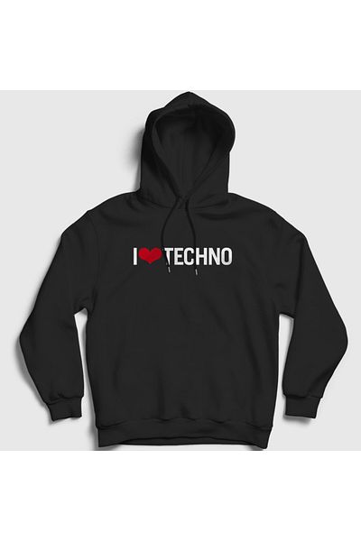 Presmono Унисекс черен суитшърт с качулка I Love Techno 543399tt