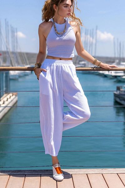 bacc Women's White Muslin Elastic Waist Pocket Casual Trousers Bcbsk-25700-3416