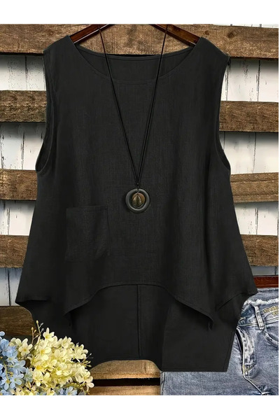 Mefa basic pamuklu keten cep detaylı asimetrik bohem kolsuz bluz