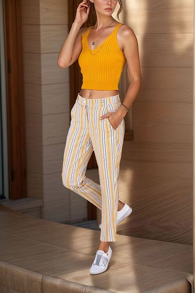 bacc Women's Mustard Linen Pocket Buttoned Pipe Leg Carrot Trousers Bcbsk-25700-3394