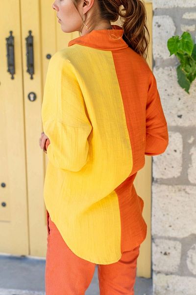 bacc Women's Orange Muslin Color Block Casual Shirt Bcbsk-25700-3458