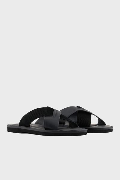 Emporio Armani Genuine Leather and Suede Detailed Cross Double Banded Slippers Men's Slippers X4P124 Xr340 K001