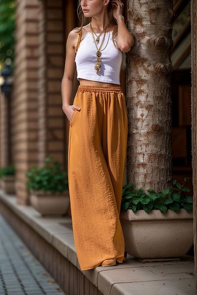 bacc Women's Tan Elastic Waist Pocket Wide Leg Soft Textured Loose Trousers Bcbsk-25700-3391