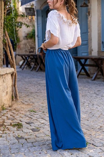 bacc Women's Indigo Elastic Waist Pocket Wide Leg Soft Textured Loose Trousers Bcbsk-25700-3391