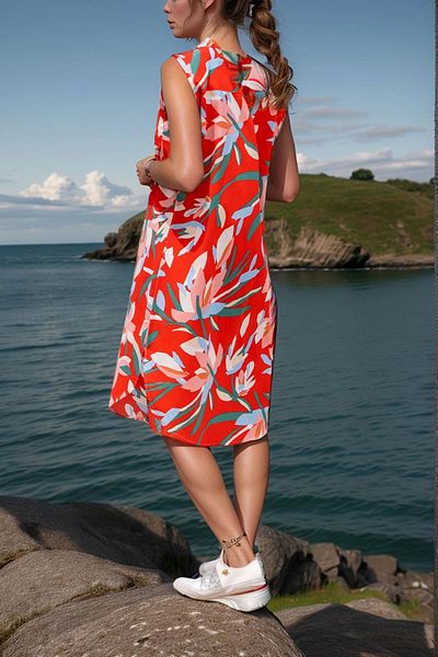 bacc Women's Red Printed Slit Zero Sleeve Dress Bcbsk-25700-3390