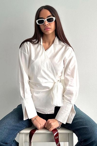 bacc Women's White Wide Cuff Double Breasted Closure Tie Front Poplin Shirt Bcdf-2530000