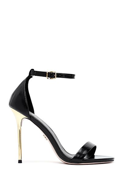 Derimod Women's Black Ankle Buckle High Thin Heeled Metallic Leather Sandals 25SFD494532