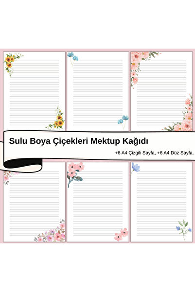 Organik Yolda Sulu Boya Çiçekleri Mektup Not Kağıdı, +6 Düz kağıt +6 Çizgili Kağıt (A4 Boyut)