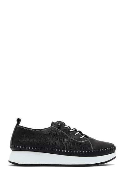 Derimod Women's Black Lace-Up Thick Sole Patterned Leather Comfort Shoes 25Sfd334318