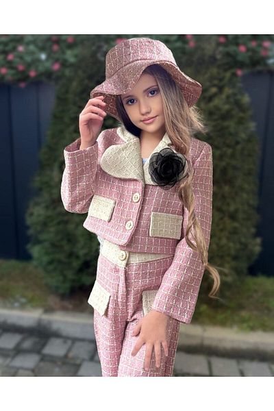 By Feyza Kids Collection Girl's Holiday Suit Jacket&Pants&Brooch&Hat
