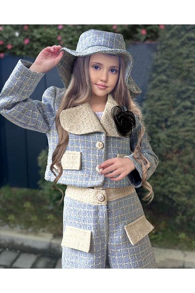 By Feyza Kids Collection costum de sărbătoare pentru fete, haină, pantaloni, broșă și pălărie