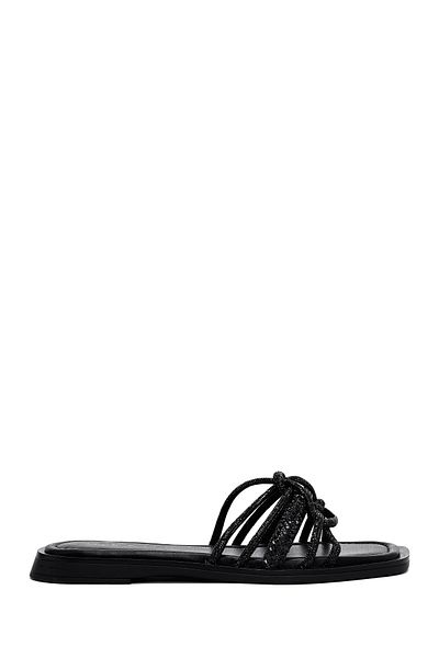 Derimod Women's Black Stone Leather Slippers 25Sfd1829Ts