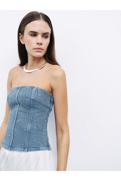 Nocturne Women's Strapless Collar Denim Fabric Back Zipper Closure Stone Details Indigo Crop N25Yd15203-Indigo