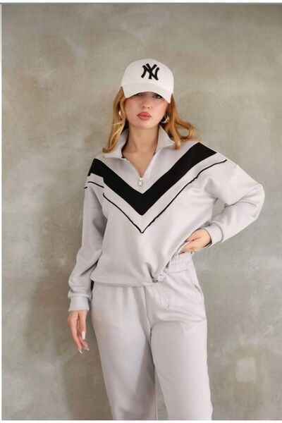 Butik Dik Yaka Yarım Fermuarlı Garnili Modal Kumaş Alt Üst Takım