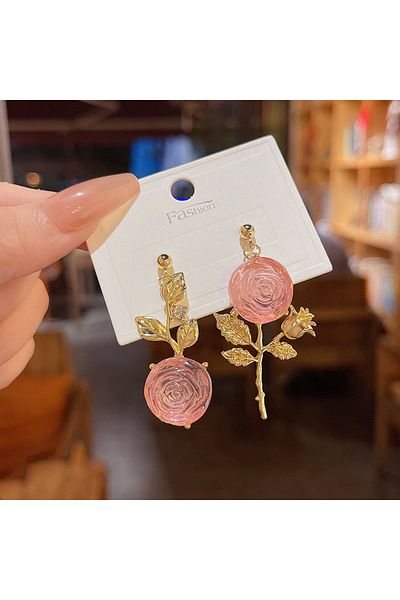 Hilosh French Vintage Cute Gold-Tone Pink Rose Earrings for Women