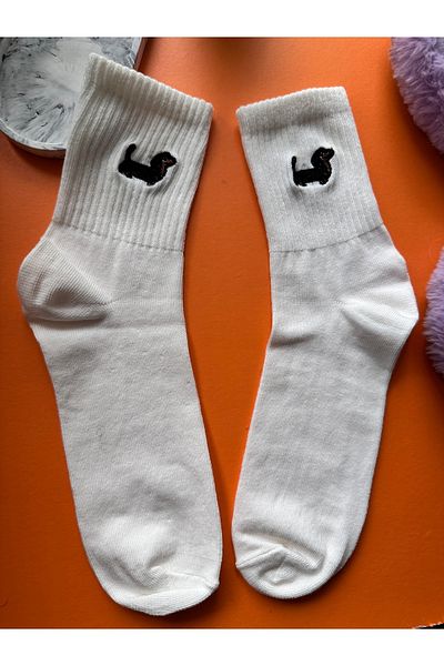 AYDK Cute Sausage Dog Embroidered Unisex White Summer Winter Casual Socket Socks