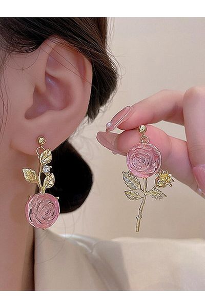Hilosh French Vintage Cute Gold-Tone Pink Rose Earrings for Women