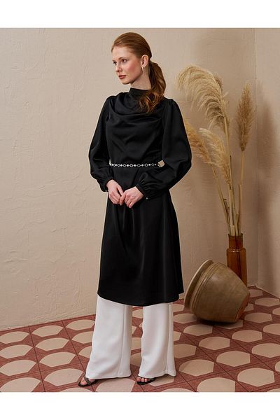 Kayra Chain Belt Detailed Satin Tunic Black