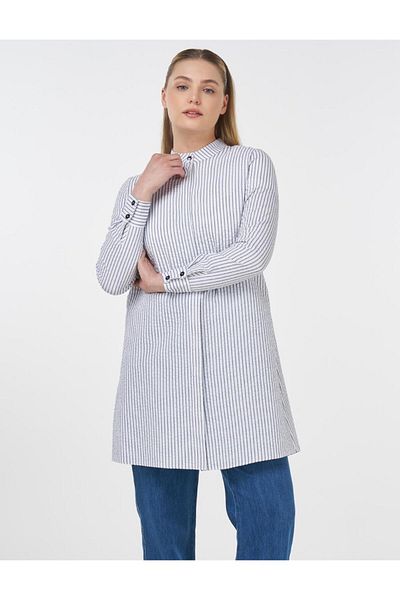 Kayra Judge Collar Cotton Basic Tunic Navy Blue