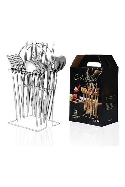 COOYA 24 Pieces Silverware Set with Hanging Rack Caddy, Stainless Steel Mirror Polished Use for Kitchen