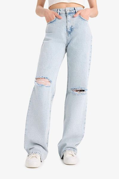DeFacto Straight Wide Ripped Detailed High Waist Long Jean Washed Trousers E8016Ax25Sm