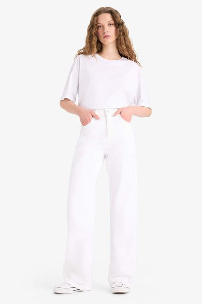 DeFacto Straight Wide High Waist Long White Jean Pants E8014Ax25Sm
