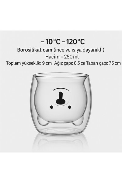 Vivien Home Double Wall Design Glass Cup with Teddy Bear 250 Mi - Gift Double Wall Teddy Bear Cup