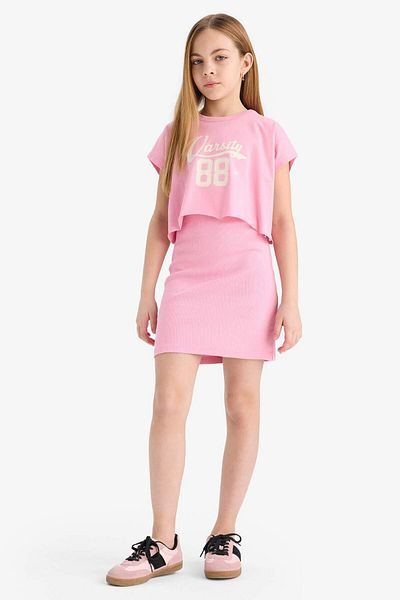 DeFacto Girl's 2-Piece Set Crew Neck T-Shirt Ribbed Camisole Dress B4496A825Sm