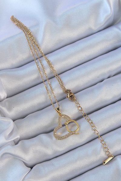 Skygo 316L Steel Chain Gold Color Heart Necklace with Zircon Stone Ring - Tj-Bko9145