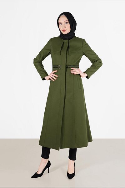 TRENDTESETTÜR WOMEN'S KHAKI BICYCLE COLLAR COAT WITH BELT DETAIL 9452
