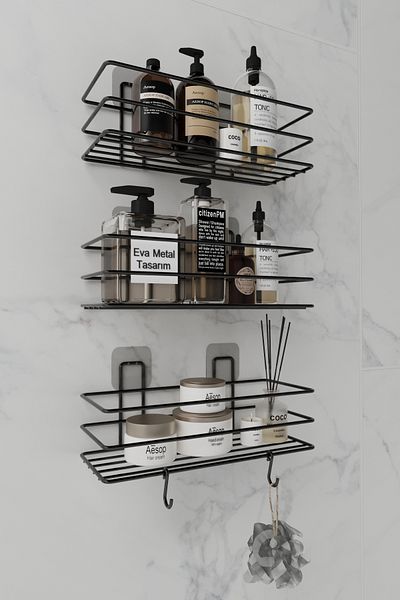 EVA METAL TASARIM Σετ 3 αυτοκόλλητα με 2 γάντζους Ανοξείδωτο ράφι μπάνιου Μαύρο ματ Σαμπουάν μπάνιου Κρεμάστρα ντους