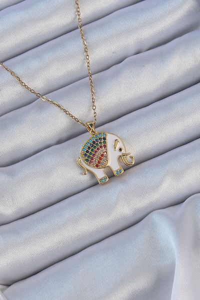 Skygo 316L Steel Chain Gold Color Enamel Colorful Zircon Stone Elephant Necklace - Tj-Bko9151