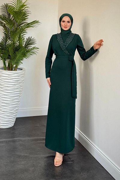 MERVEN AKYÜZ Arden Double-breasted Collar Evening Dress Emerald