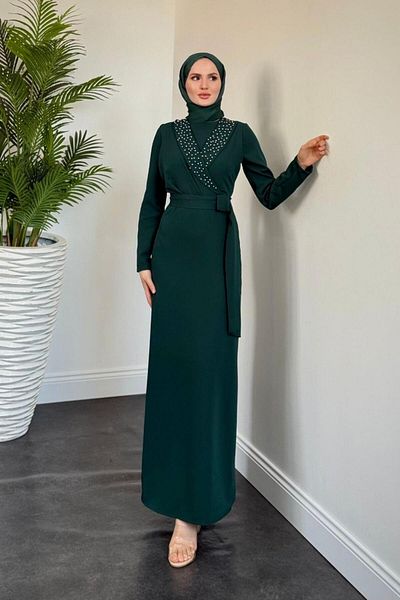 MERVEN AKYÜZ Arden Double-breasted Collar Evening Dress Emerald