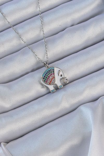 Skygo 316L Steel Chain Silver Color Enamel Colorful Zircon Stone Elephant Necklace - Tj-Bko9152