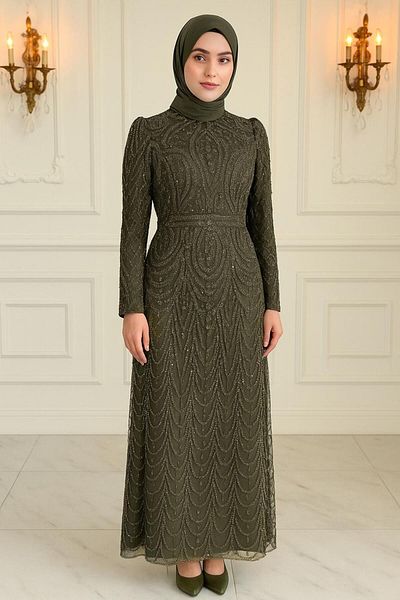 TRENDTESETTÜR Women's Khaki Beaded Embroidered Evening Dress t 4163