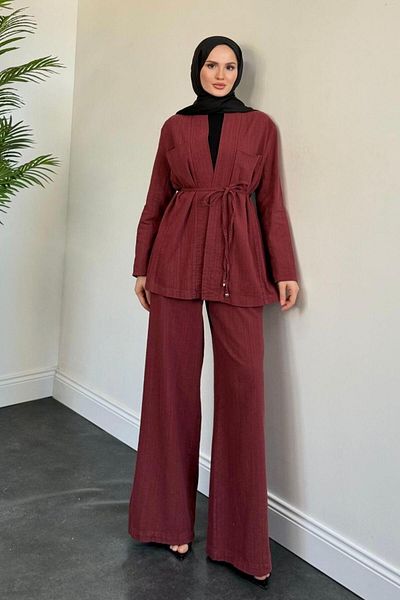 MERVEN AKYÜZ Σετ παντελονιού Semila Kimona Palazzo Claret Red