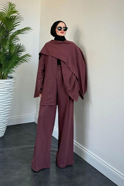 MERVEN AKYÜZ Veni Asymmetrical Palazzo Linen Set Plum