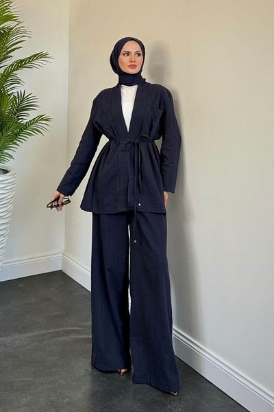 MERVEN AKYÜZ Semila Kimona Palazzo Trousers Suit Navy Blue
