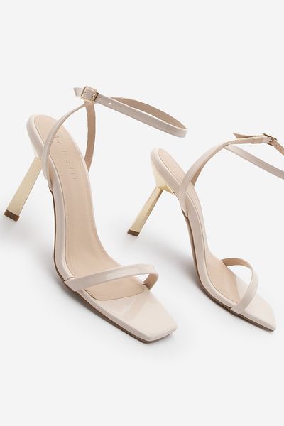 Marjin Women's Blunt Toe Gold Heeled Strappy Ankle Strap Heeled Sandals Almino Ecru Patent Leather