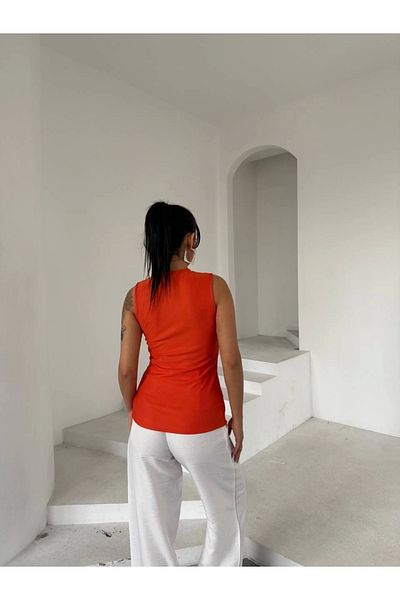 meSga butik Women's Orange Crew Neck Gold Button Ottoman Blouse S2310
