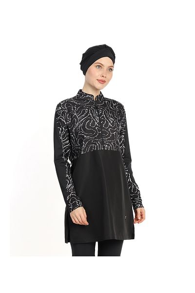 InStyle 4-Piece Zippered Patterned Black Hijab Swimsuit 6203A