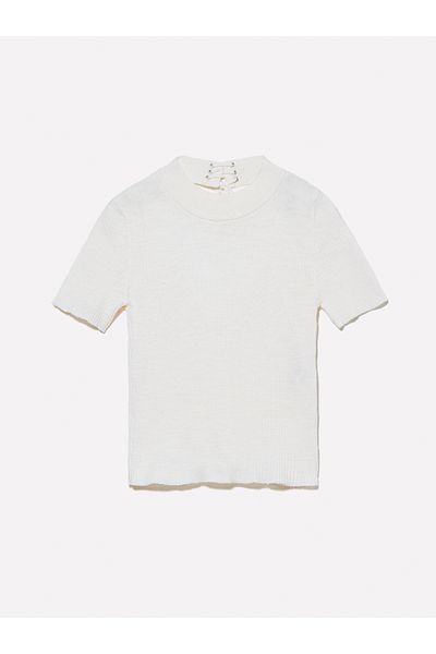 Sisley Women's Off-White Linen Blended Slim Fit Short Sleeve Sweater