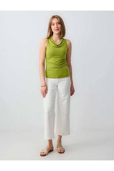 Jimmy Key Oil Green Straight Cut Draped Neck Sleeveless Knitted Blouse