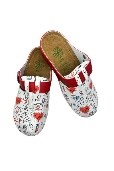 TECOS Sanitary Clogs for Women, White with Red and Medical Print, Size 38, 24 Centimeters