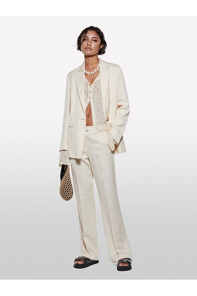 Sisley Women's Champagne Linen Blended Regular Waist Straight Fit Trousers
