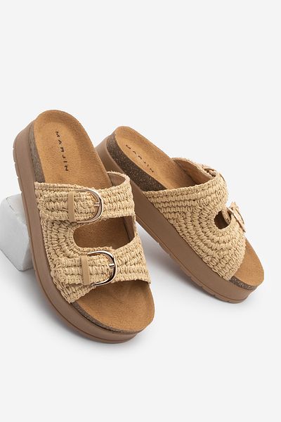 Marjin Papuci de zi cu zi din paie cu cataramă cu talpă groasă Felar Beige Straw