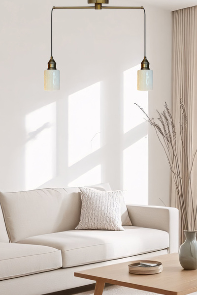 Bamyum Tiny Beyaz Cam İkili Metal Çubuk Avize Lale Başlık Retro Sarkıt Lamba Restoran Salon Aydınlatma