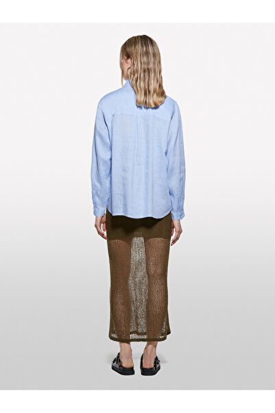 Sisley Women's Light Blue 100% Linen Buttoned Long Sleeve Shirt with Chest Pocket