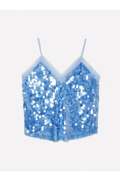 Sisley Women's Light Blue Sequined Tulle Detailed Lined V-Neck Strap Top